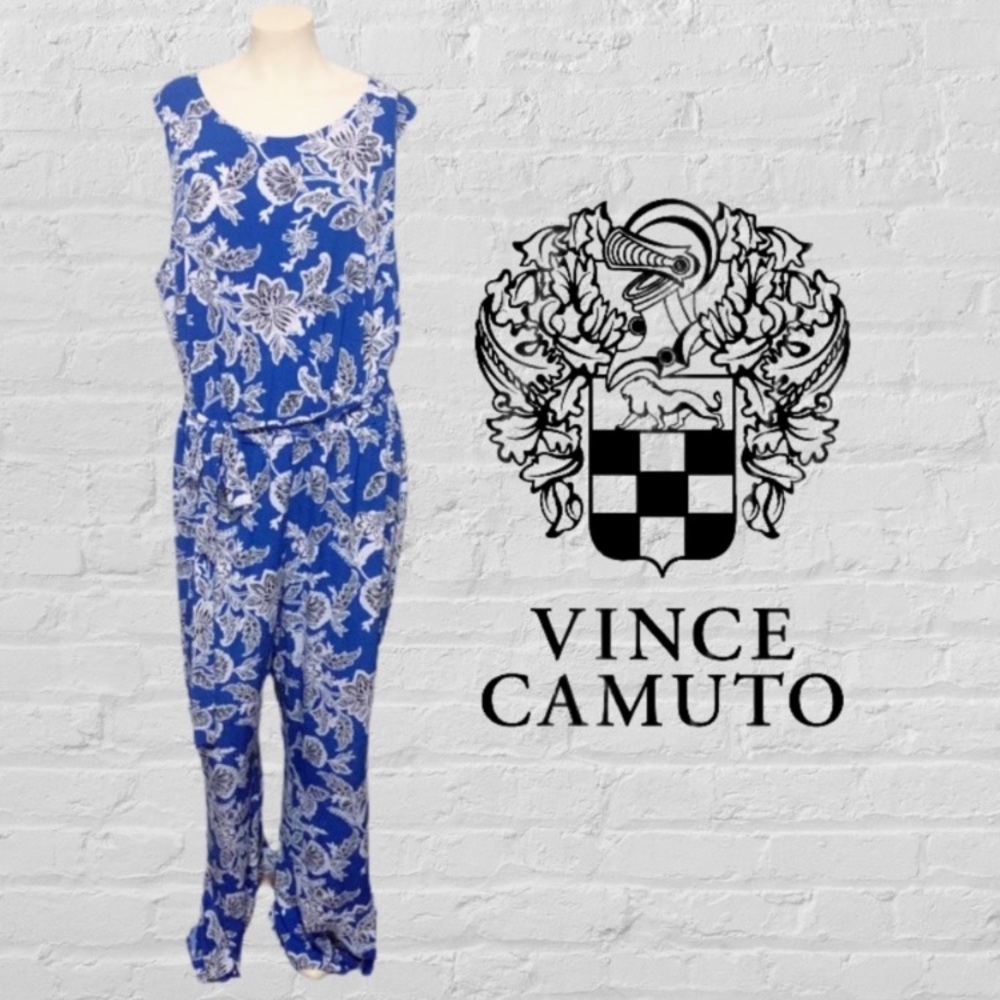 Vince Camuto Blue and White Floral Print Sleeveless Jumpsuit Size 2X - Picture 2 of 13
